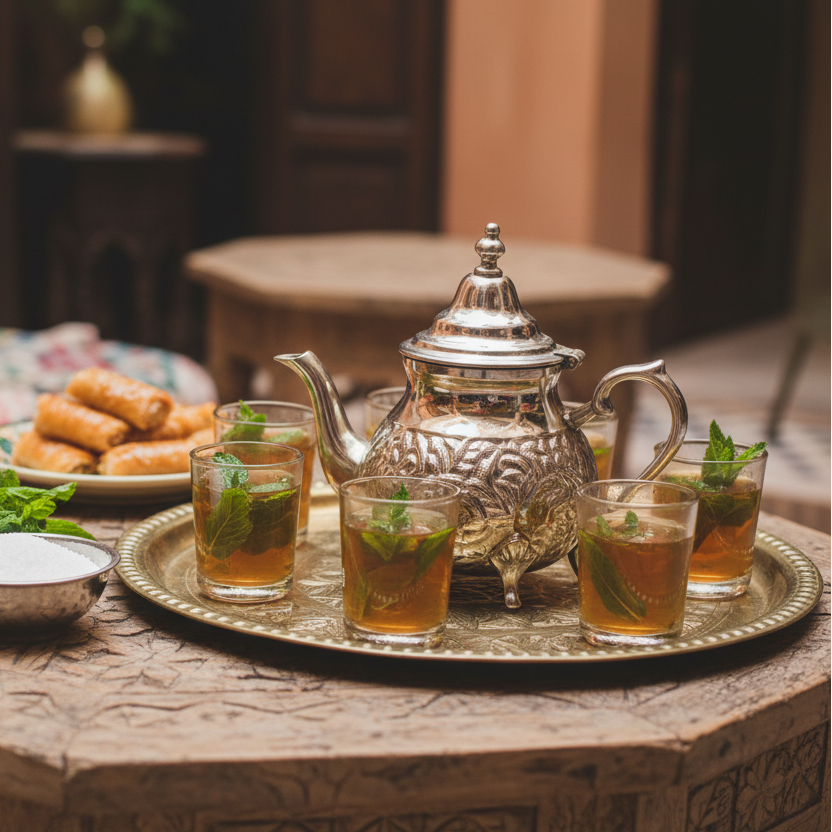 A cozy Moroccan tea scene on a wooden table, with a traditional silver teapot, small glasses filled with mint tea, fresh mint leaves, and soft natural light. Warm colors, inviting atmosphere, perfect for a family or culture blog. Depth of field, bright and welcoming tones.